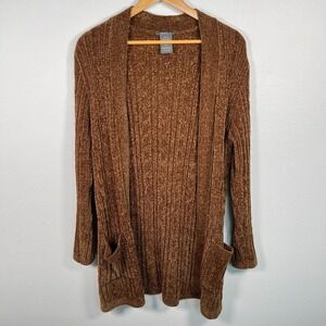 Vintage Womens Y2K Velour Long Open Cardigan Sweater Sz L Brown Fairy Grunge
